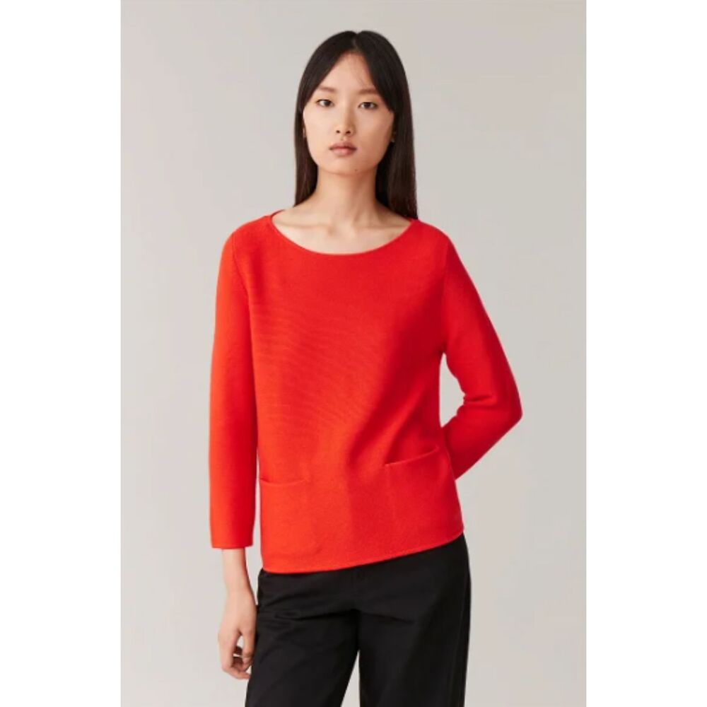 COS A Line Merino Wool Woven Top Orange Front Pockets Jumper Sweater Sz S